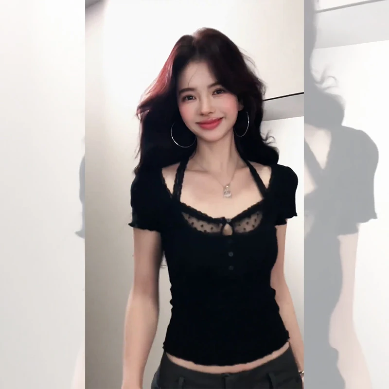 美式辣妹蝴蝶结短袖T恤女夏季新款设计感小众蕾丝拼接上衣