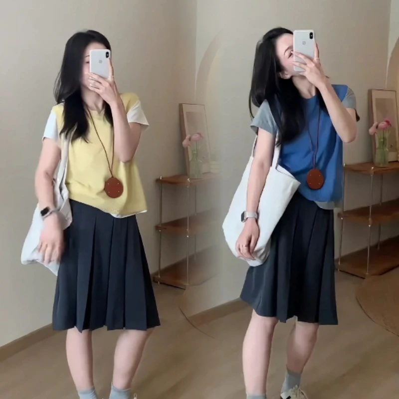 夏季韩系显白宽松显瘦针织款无袖马甲+T恤上衣+简约百搭百褶裙女