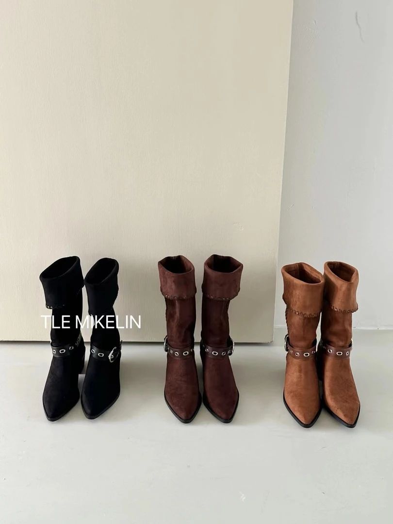 韩系秋冬新款绒面尖头骑士靴裤管靴百搭西部牛仔复古中筒靴堆堆靴