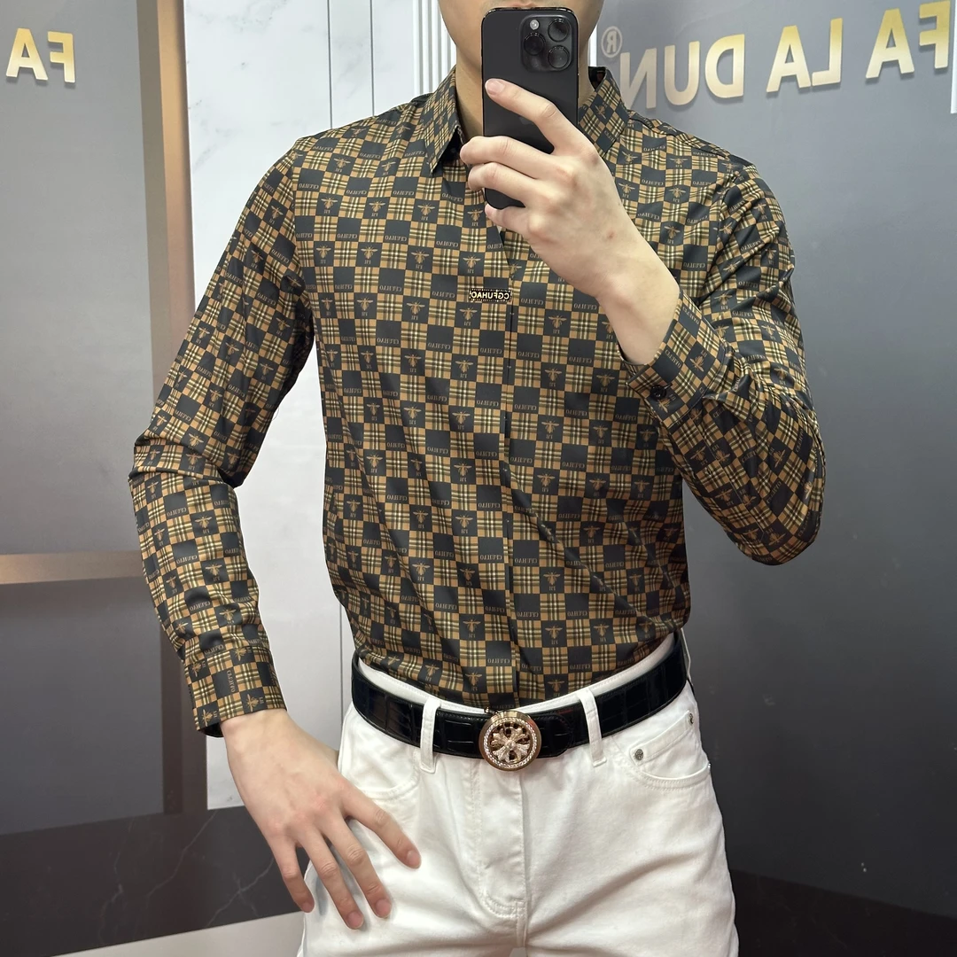 法拉盾甄选新款免烫弹力时尚欧货重工印花烫钻春长袖衬衣8850V