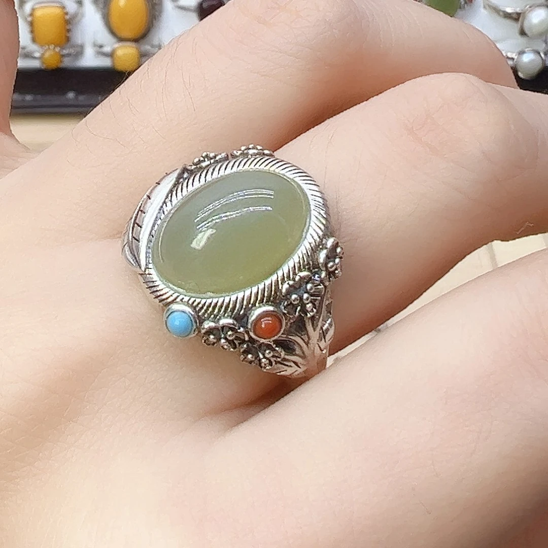 和田玉戒指银S925镶嵌