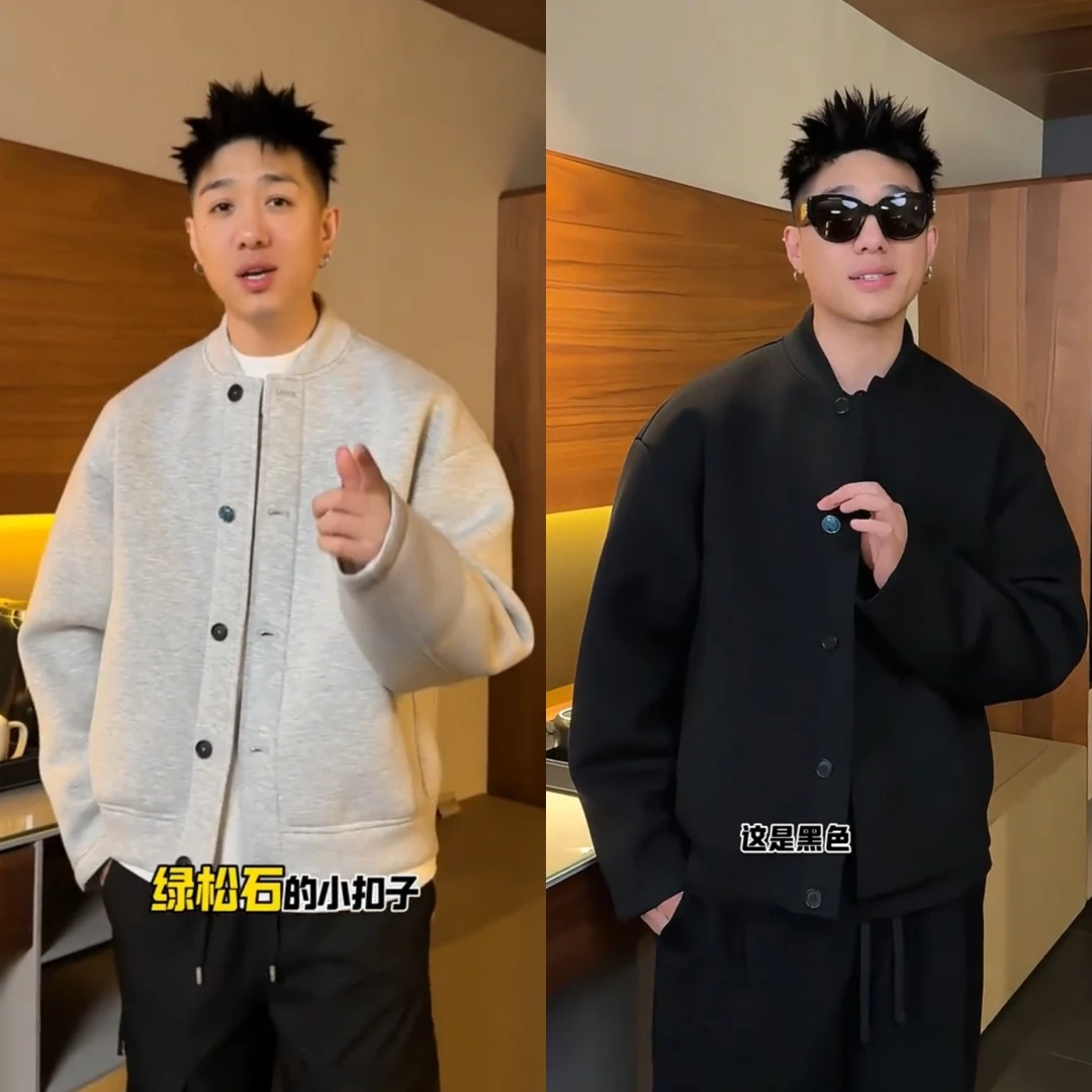 春季新款绿松石纽扣棒球服上衣时尚休闲慵懒风情侣夹克老钱外套男