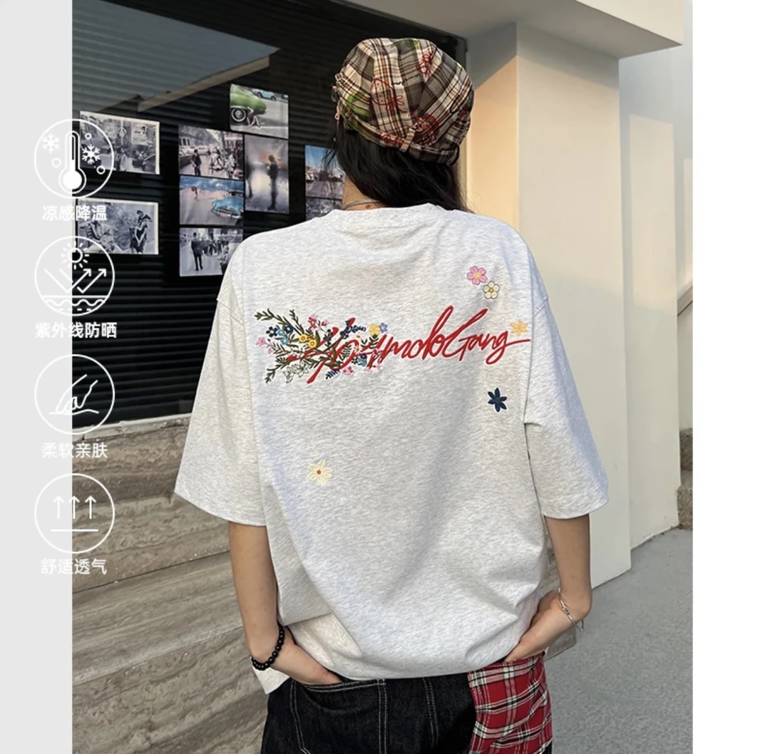 【明星同款】404MOB冰感UV2.0UPF50+防晒手写花卉刺绣情侣百搭T恤