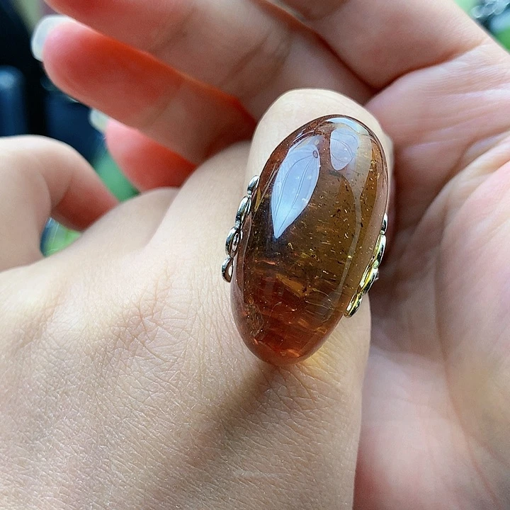 琥珀裸石银S925镶嵌戒指