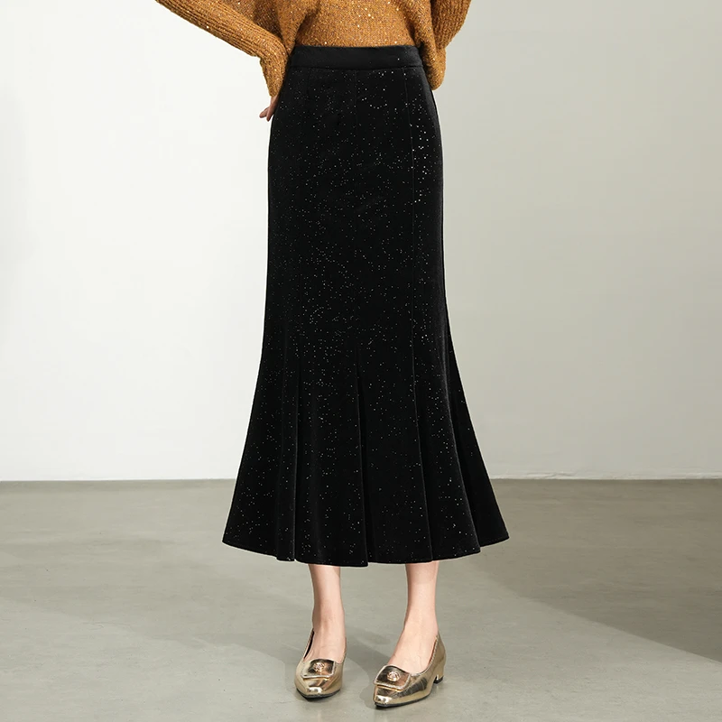 满天星亮片大码胖mm丝绒鱼尾裙女秋冬季高腰显瘦包臀长裙半身裙