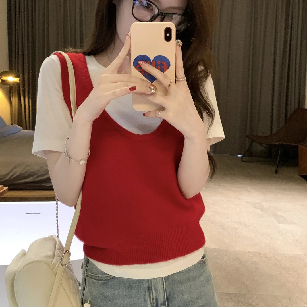 韩系ins针织马甲u领弹力短款坎肩女夏季小个子减龄宽肩带叠穿背心