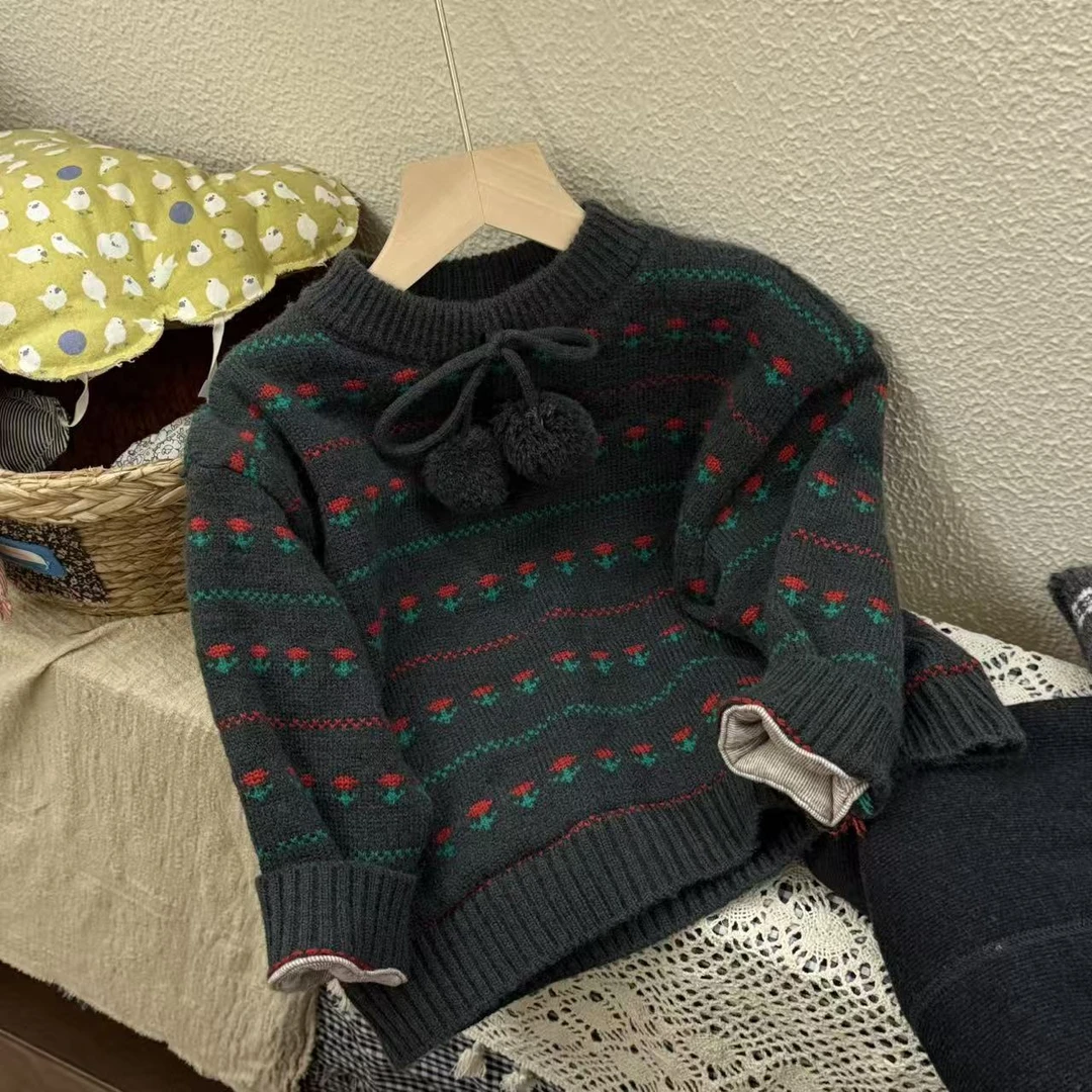 女童冬款花朵套头加厚针织毛衣德绒加厚洋气百搭保暖上衣