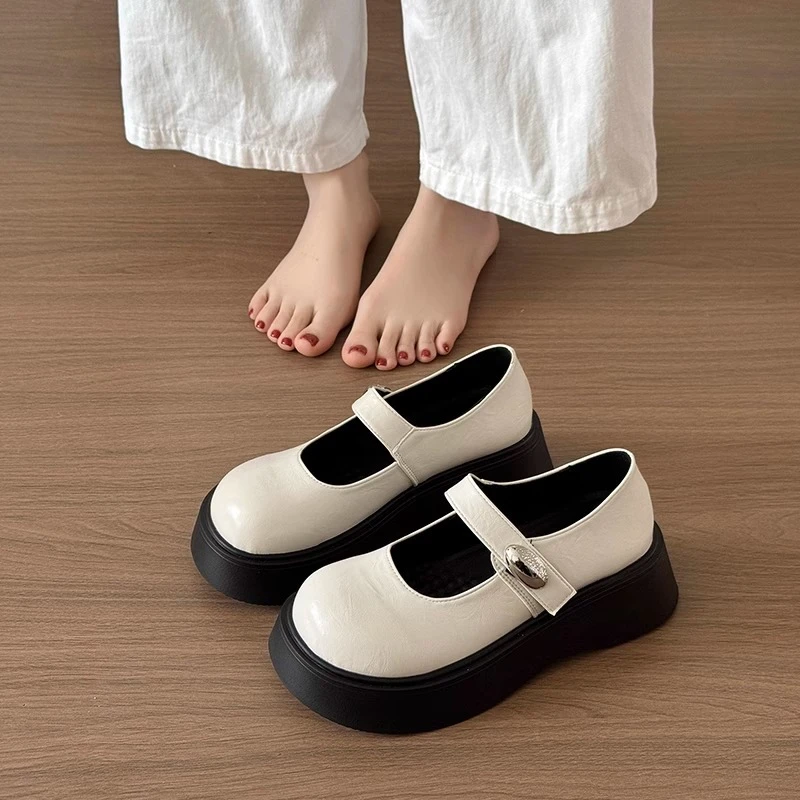 啄木鸟日系魔术贴小皮鞋女2025新款厚底松糕女鞋英伦风玛丽珍单鞋