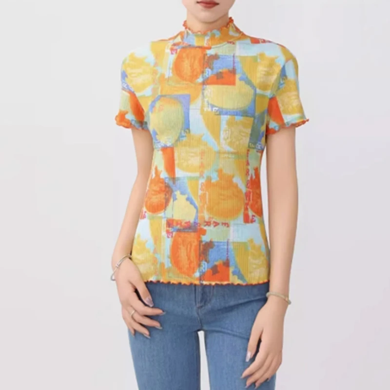 魅言商场同款2025夏季新款修身圆领格纹木耳边短袖T恤女5300603