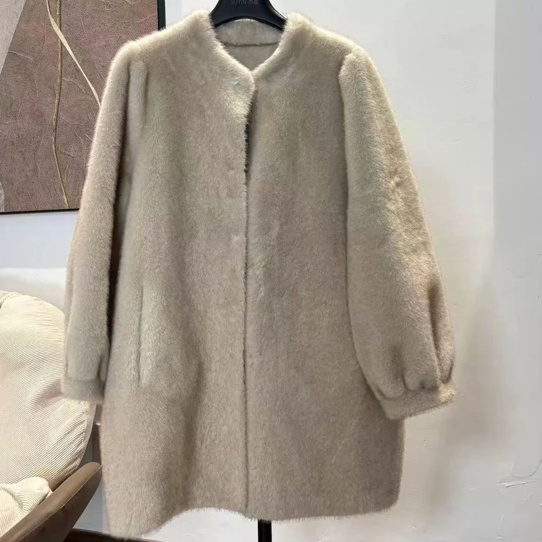 【苏茵】欧洲站秋冬环保中古水貂毛皮草外套女中长款宽松毛毛绒上衣