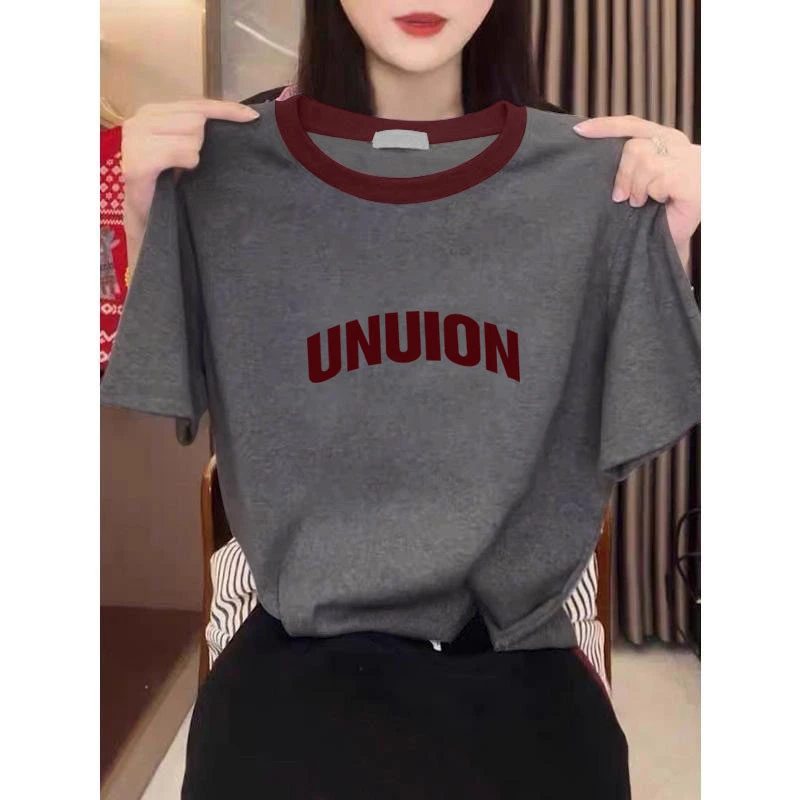 2025新款夏季正肩插色领口短袖t恤女时尚休闲洋气小众打底衫上衣