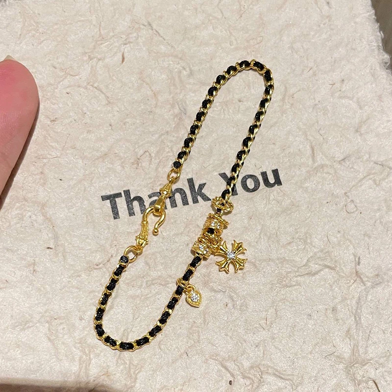 铜合金手链 十字架黑金手链新款时尚轻奢编织手环