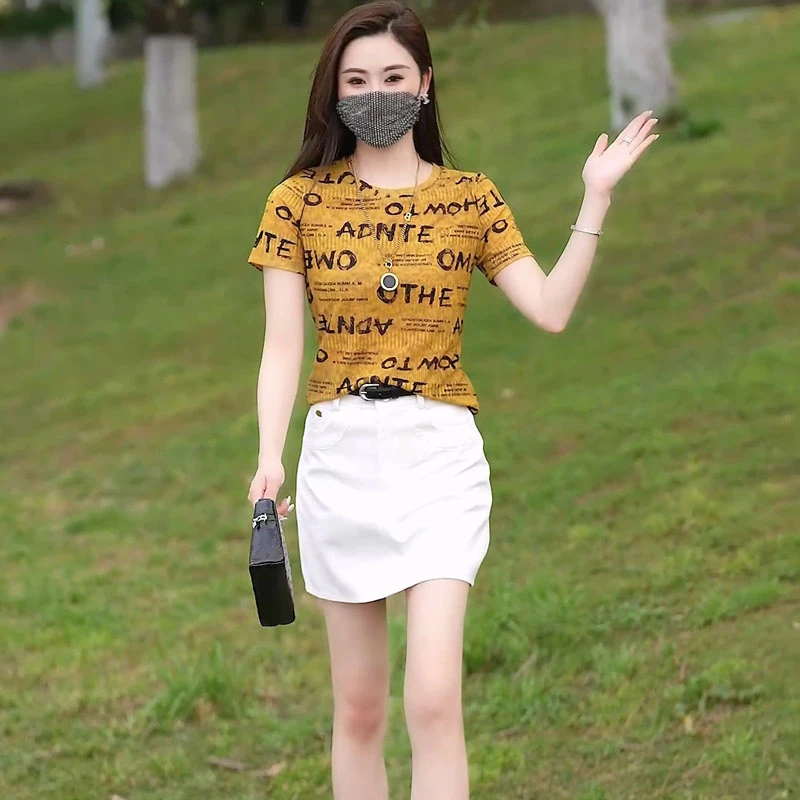 轻职风印花字母圆领包袖时尚T恤夏装修身显瘦休闲短款