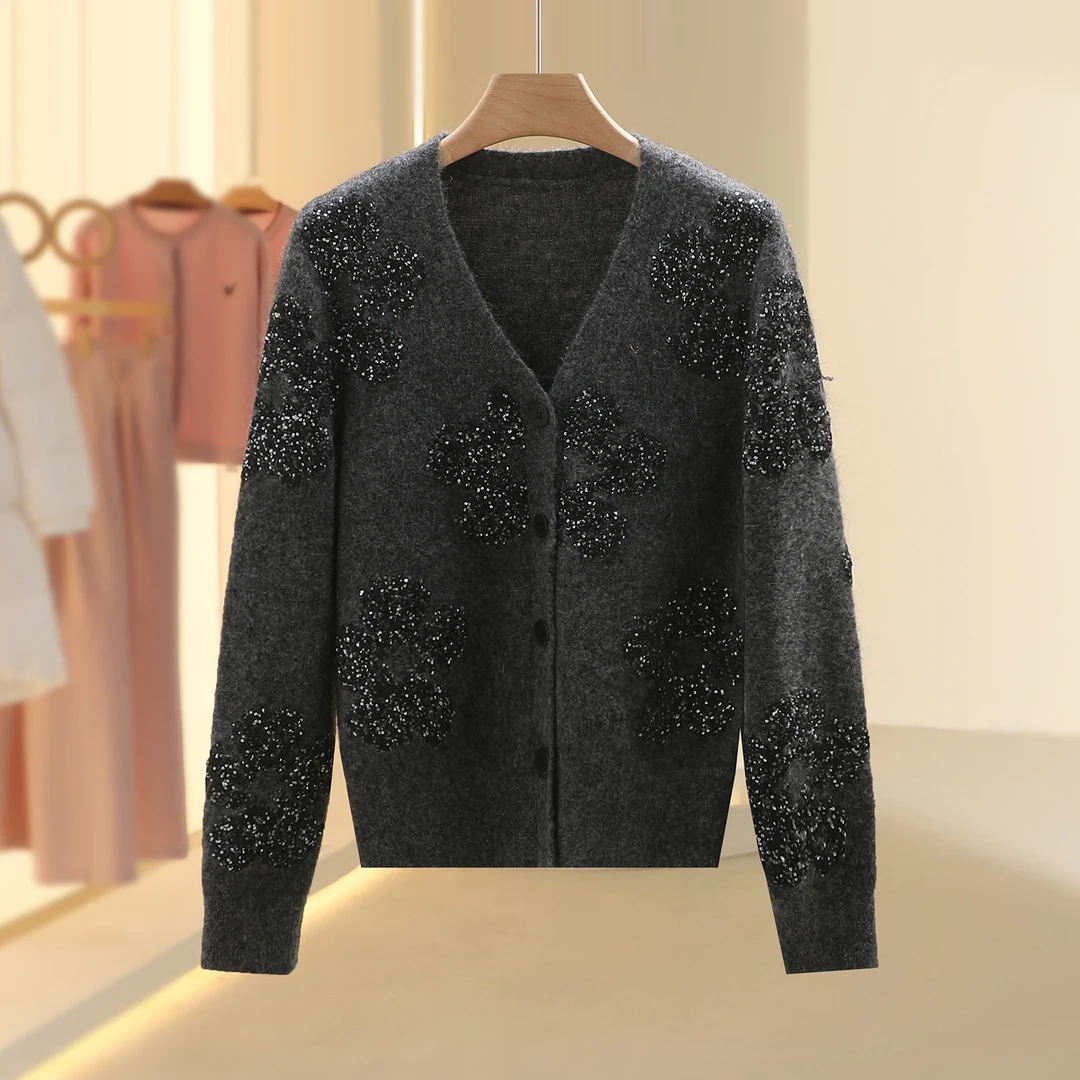 【香】绵羊毛设计感亮片花针织开衫2025冬季新款七号铺撤柜女装
