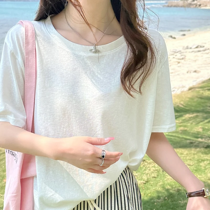 雪花棉t恤女短袖新款夏季体恤薄款基础内搭宽松打底白色显瘦上衣