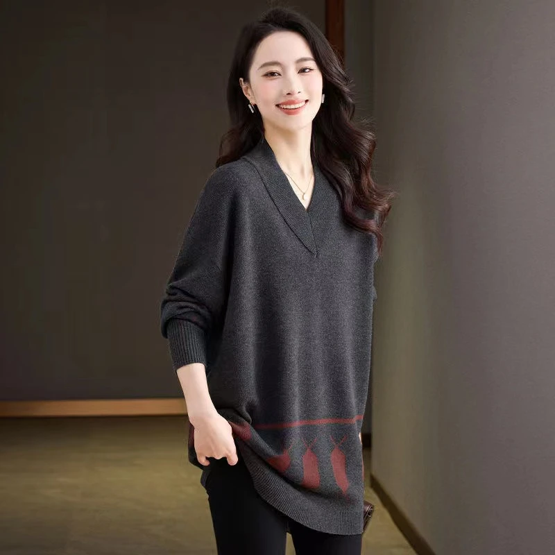 高级感秋冬中长款V领打底宽松毛衣YMT-CJ571