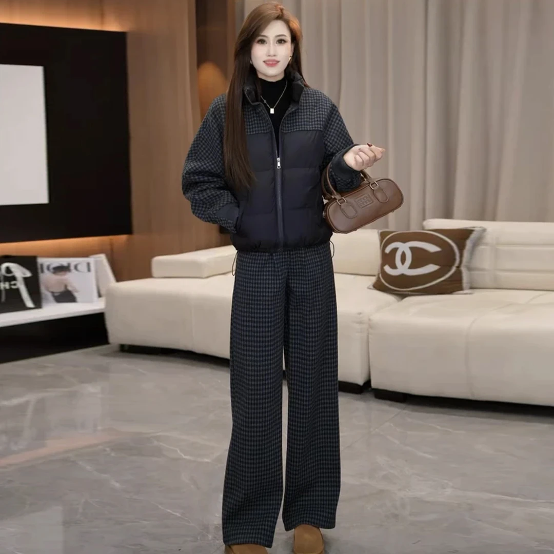 格纹毛呢拼接棉服女冬季新款宽松加厚保暖立领外套阔腿裤两件套女