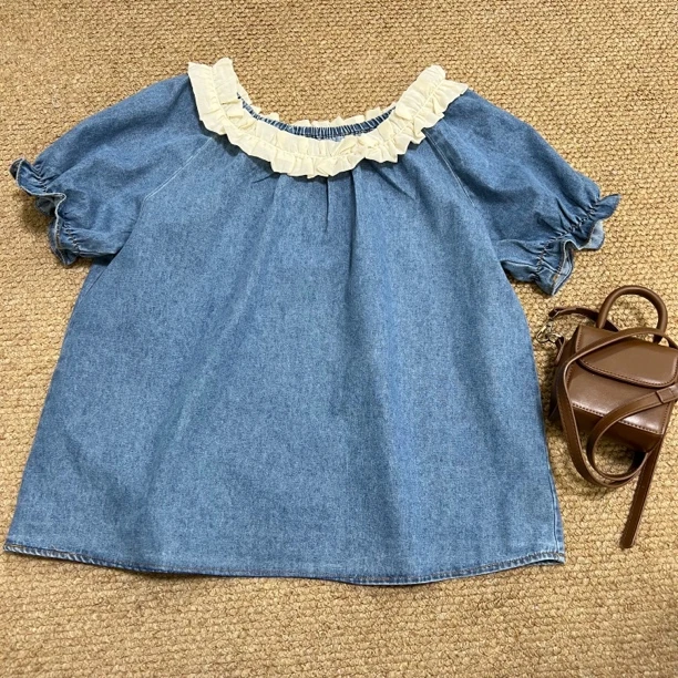 米惠【木耳领牛仔小衫】韩版百搭荷叶边时尚洋气夏季休闲薄款小衫