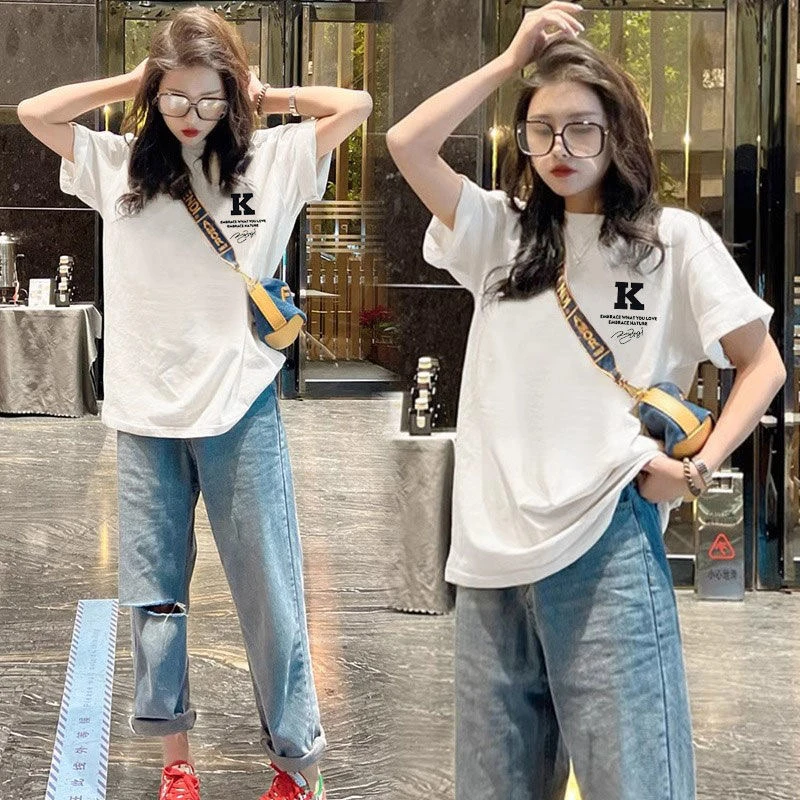 欧货纯棉洋气外穿短袖t恤女打底宽松大码百搭显瘦中长款上衣