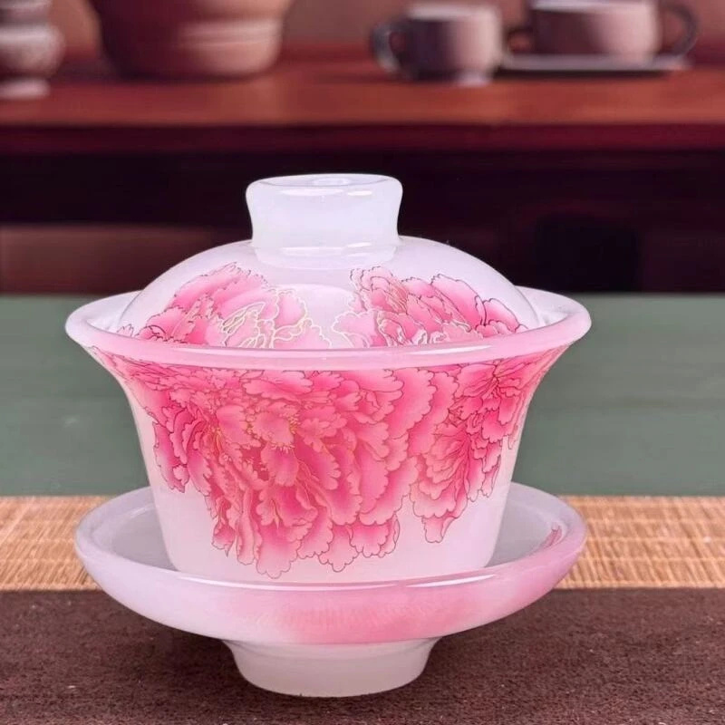 高档粉色牡丹琉璃三才盖碗家用泡茶碗