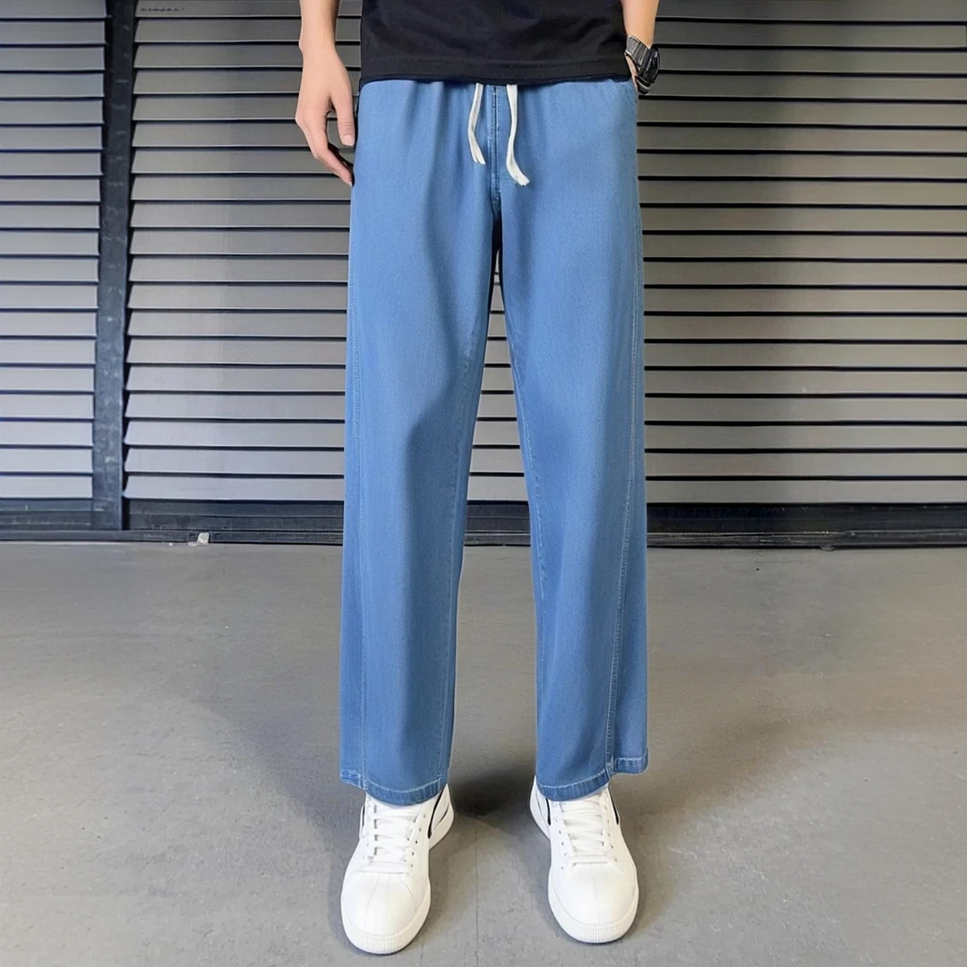 水洗薄款宽松男士天丝牛仔裤裤子夏季直筒裤百搭凉感松紧腰穿搭