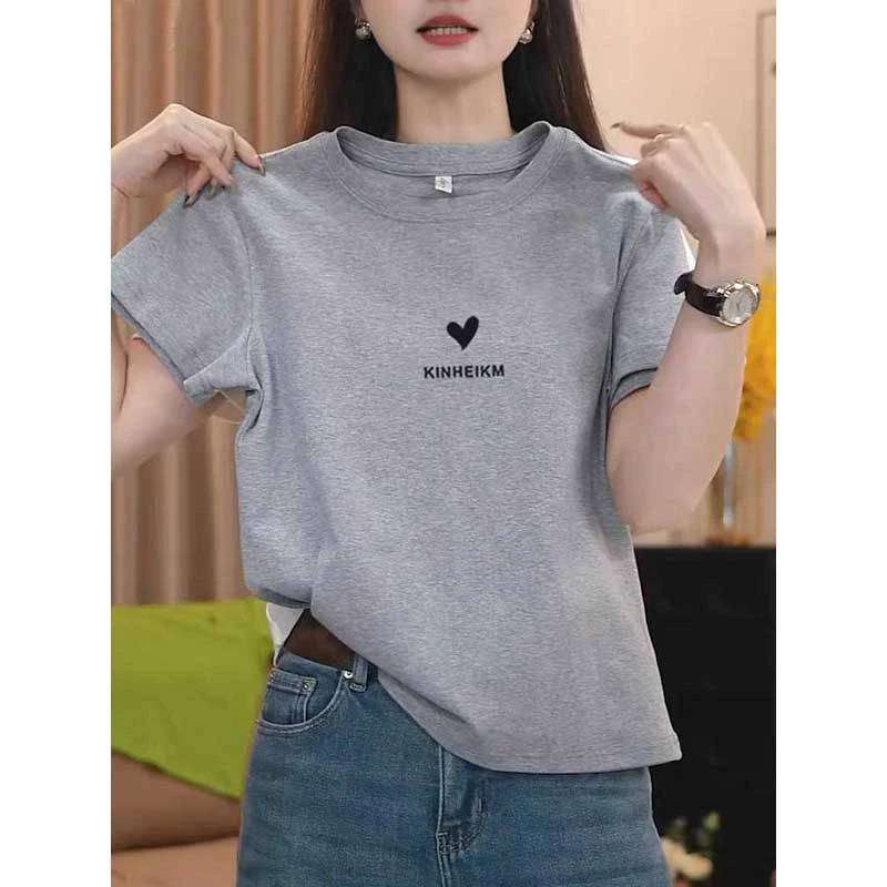 正肩爱心印花短袖t恤女2025夏季新款时尚百搭洋气减龄浅灰色上衣