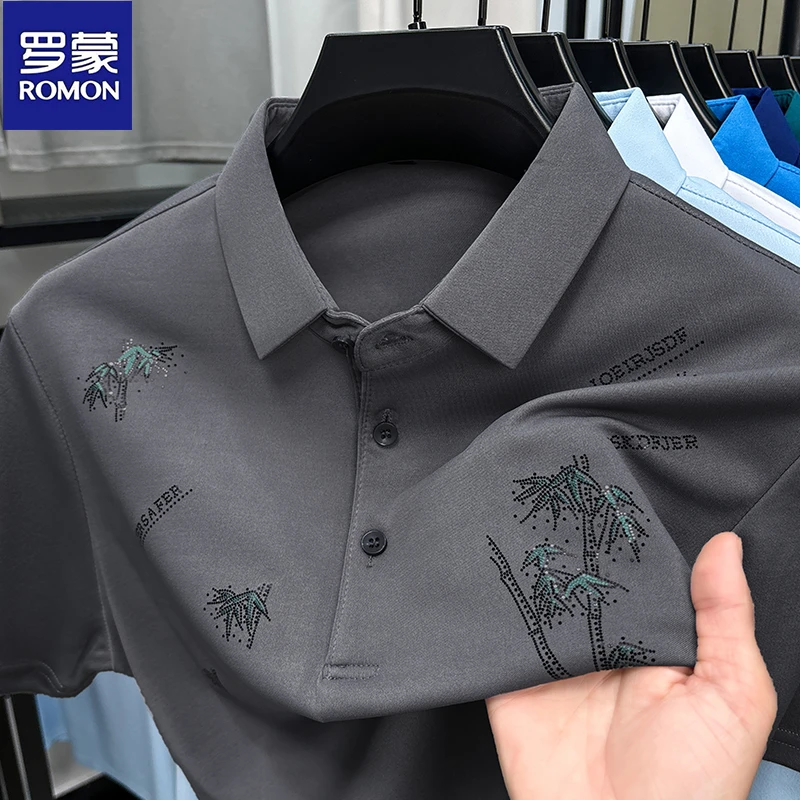 罗蒙夏季冰丝无痕印花短袖polo衫男士中年爸爸装休闲商务翻领T恤