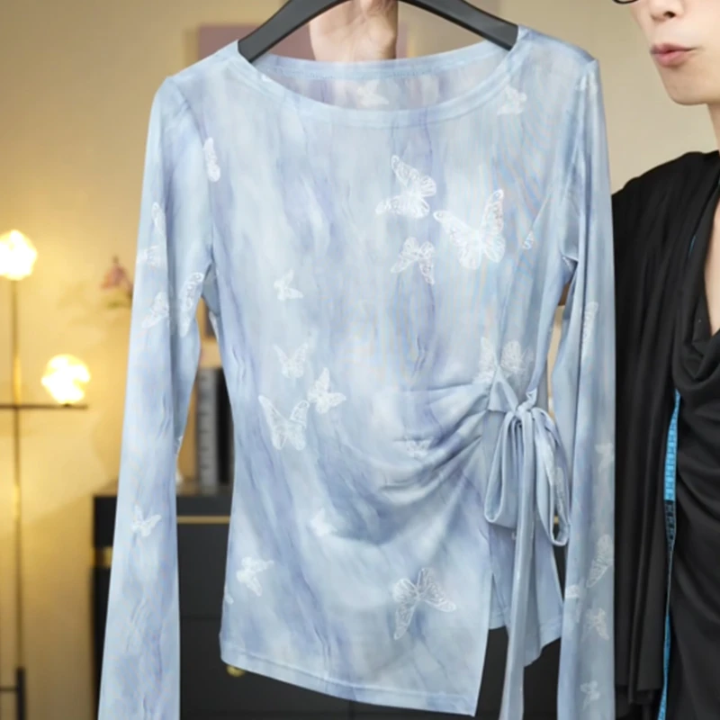 2025夏季新款抽绳绑带设计感网纱T恤女薄款高级蝴蝶时尚百搭罩衫