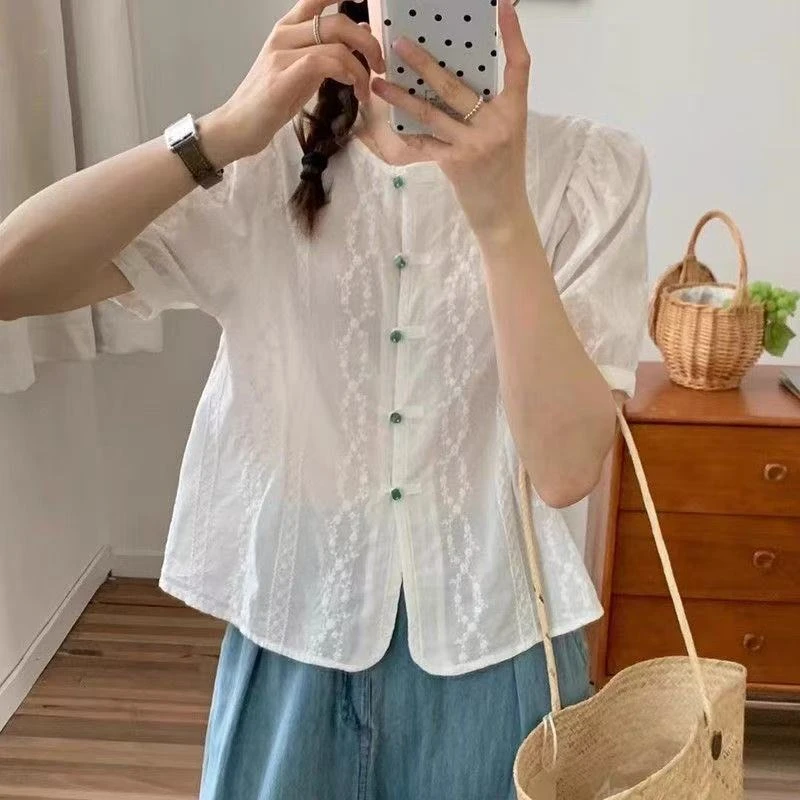 100%棉提花刺绣短袖衬衫女2025夏季新款洋气减龄小个子时尚上衣女