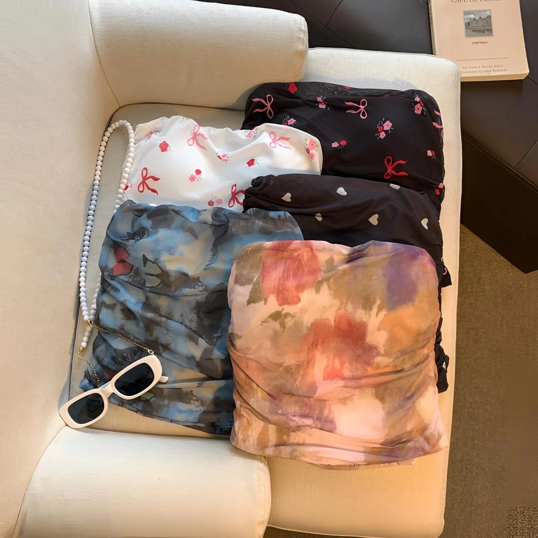 网纱无袖复古印花小清新碎花抹胸背心早春设计感带胸垫裹胸外穿