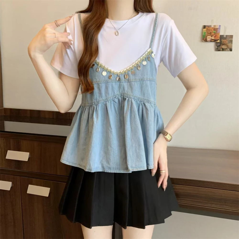 【小曹大码】女装韩系减龄贝壳装饰拼接牛仔假两件上衣-XLTX9228