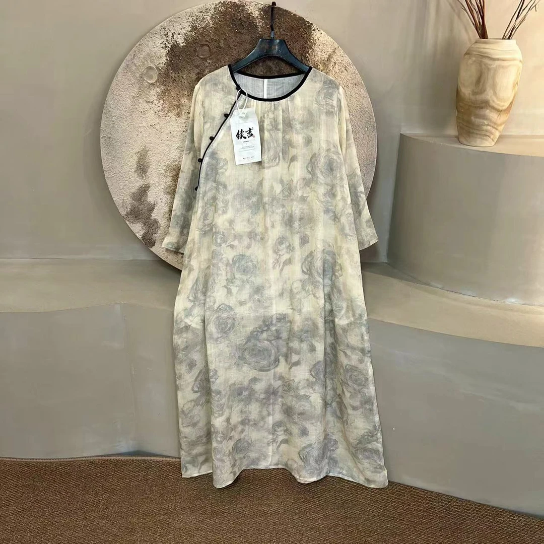 续吉出品052805窈窕淑女苎麻拼色袍子