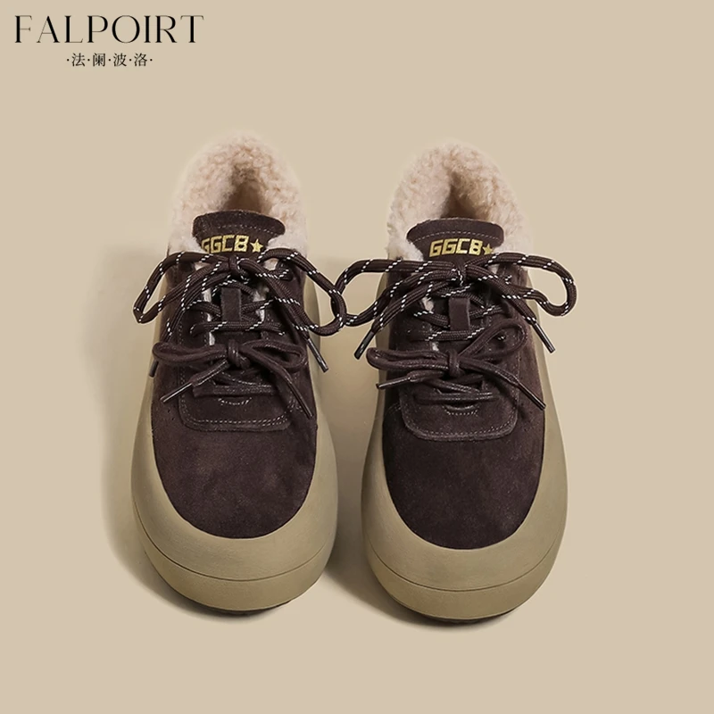 FALPOIRT羊羔毛毛板鞋女秋冬季新款加绒复古棕色休闲厚底松糕鞋子