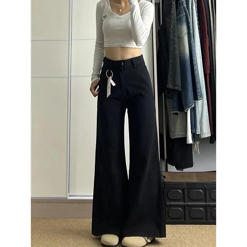 小个子美式宽松黑色阔腿牛仔裤女新款高腰显瘦垂感直筒拖地长裤潮