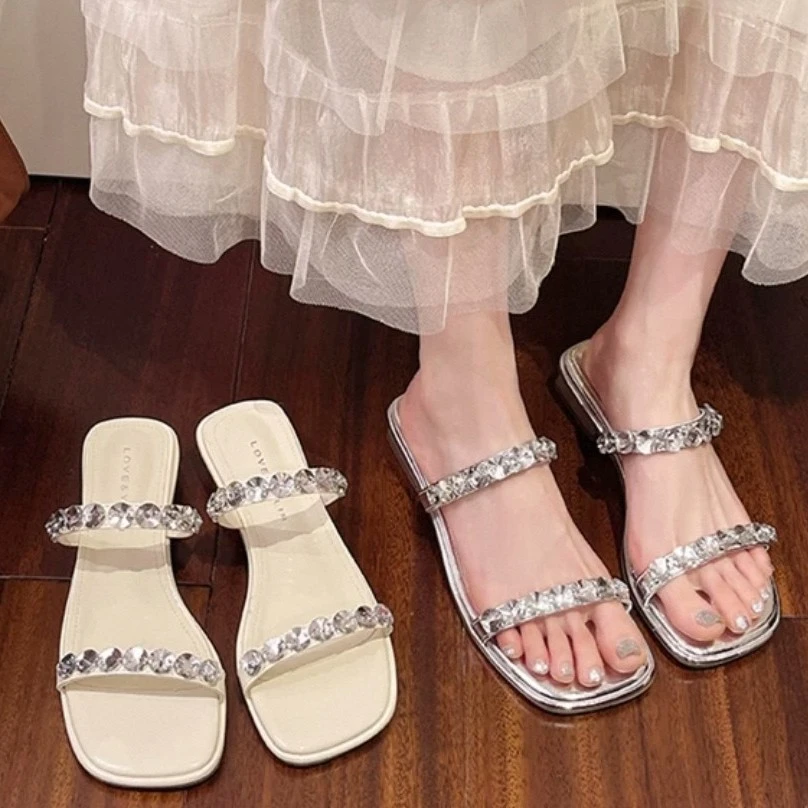 女夏外穿新款高级感水钻粗跟配裙子仙女风拖鞋5661(水钻拖鞋)