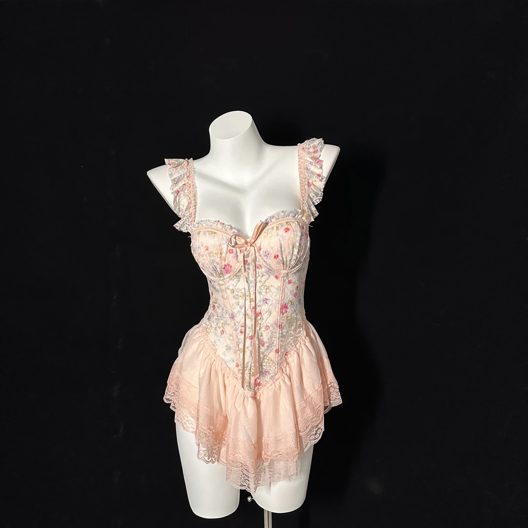 沉溺【80-130斤】法式碎花鱼骨聚拢马甲轻奢气质公主裙