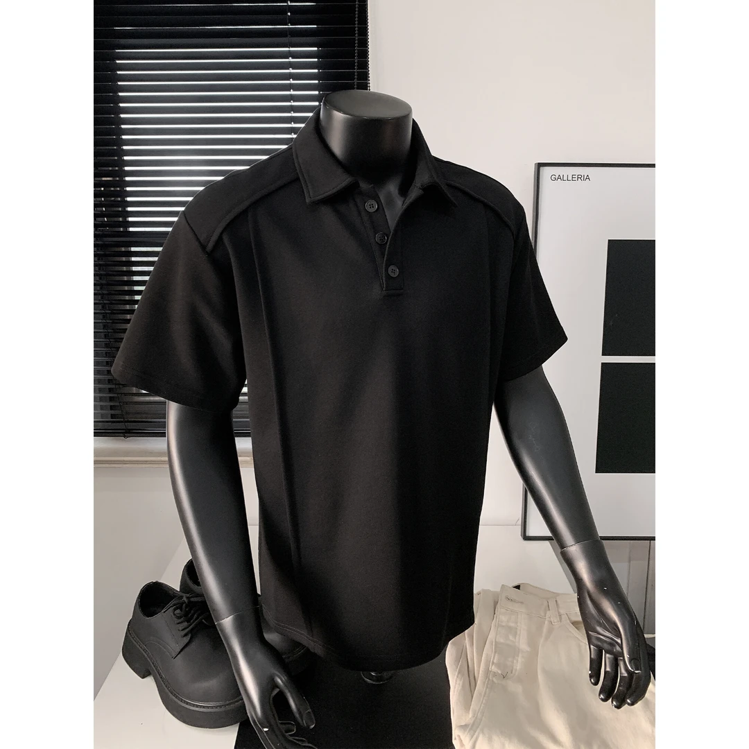 黑色复古凉感polo衫男重磅通勤短袖夏季宽松潮牌翻领体恤上衣日常