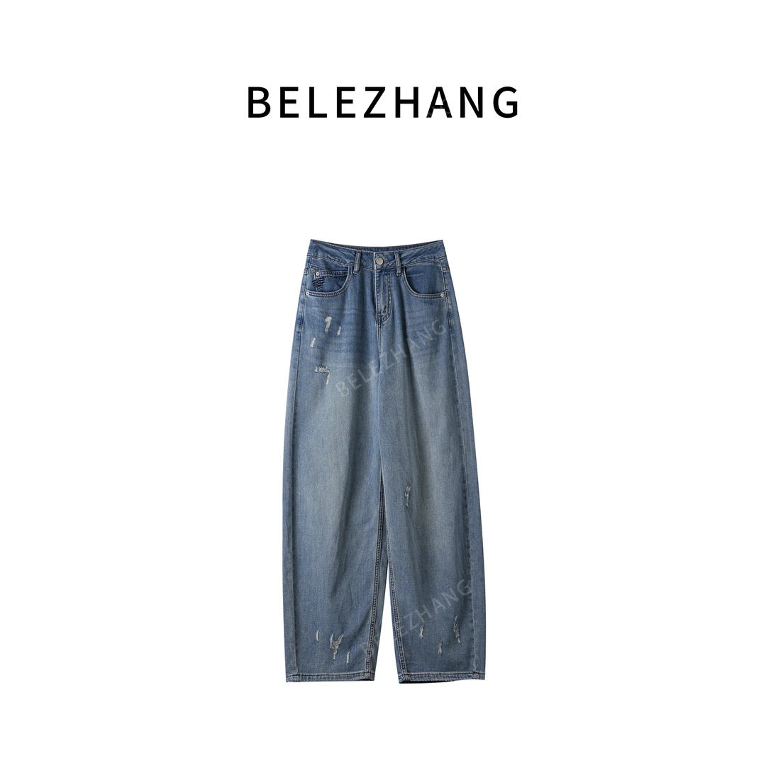 BELE ZHANG 夏季舒适破洞高腰牛仔直筒阔腿裤-1017