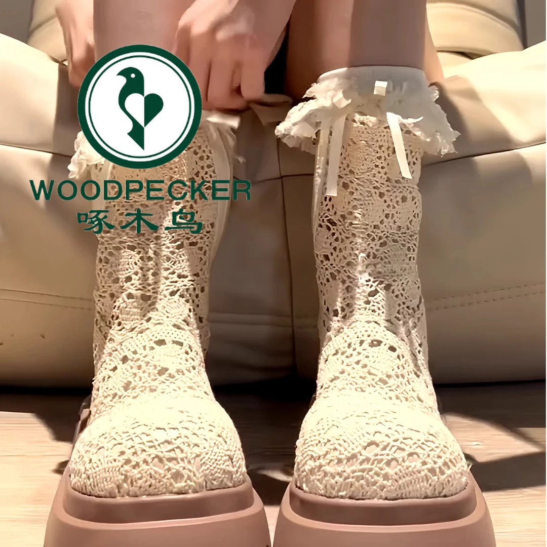 啄木鸟蕾丝镂空短靴女2025夏季新厚底增高小个子配裙子马丁靴凉靴