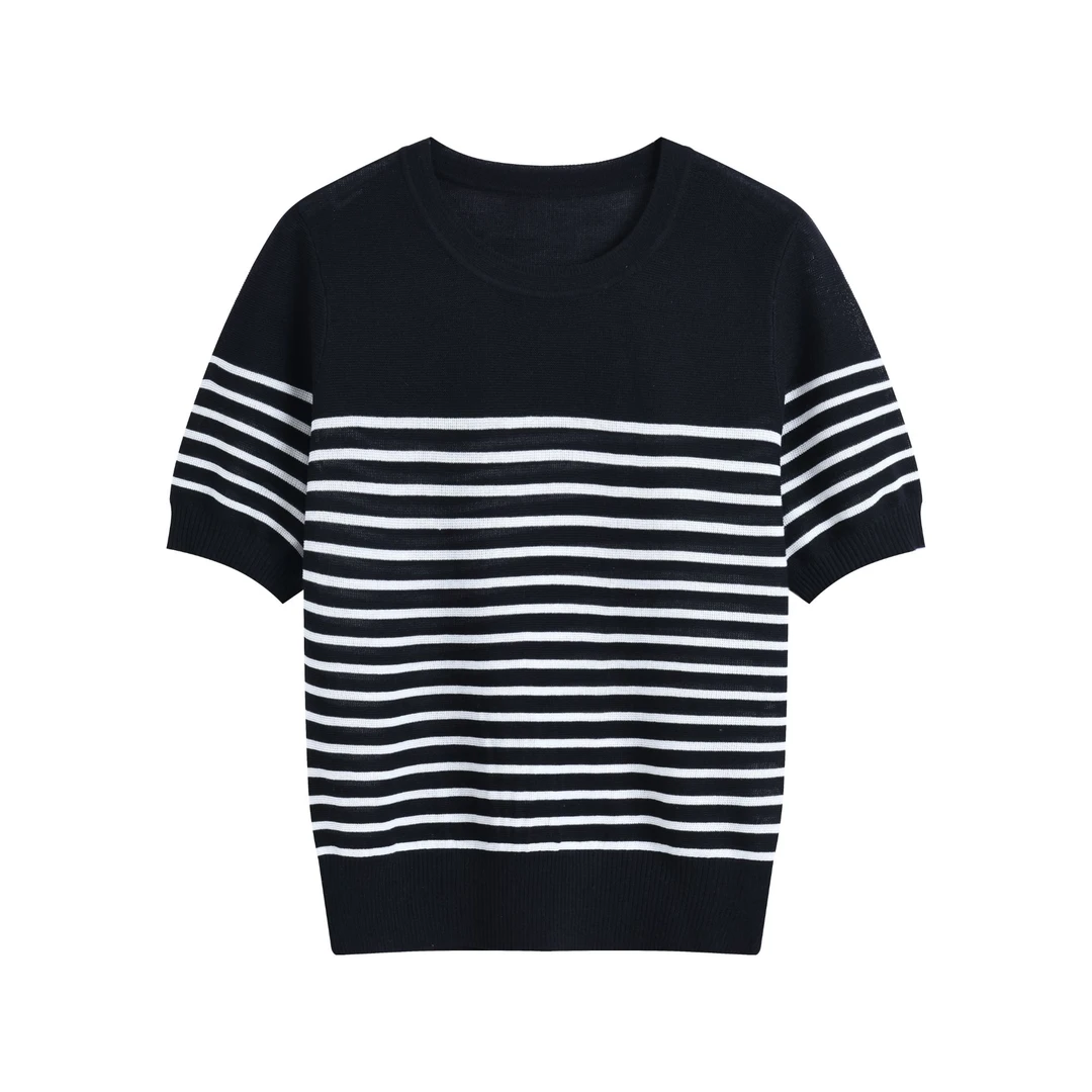 30834【恩*订单】2025夏季圆领亚麻条纹短袖针织衫0620