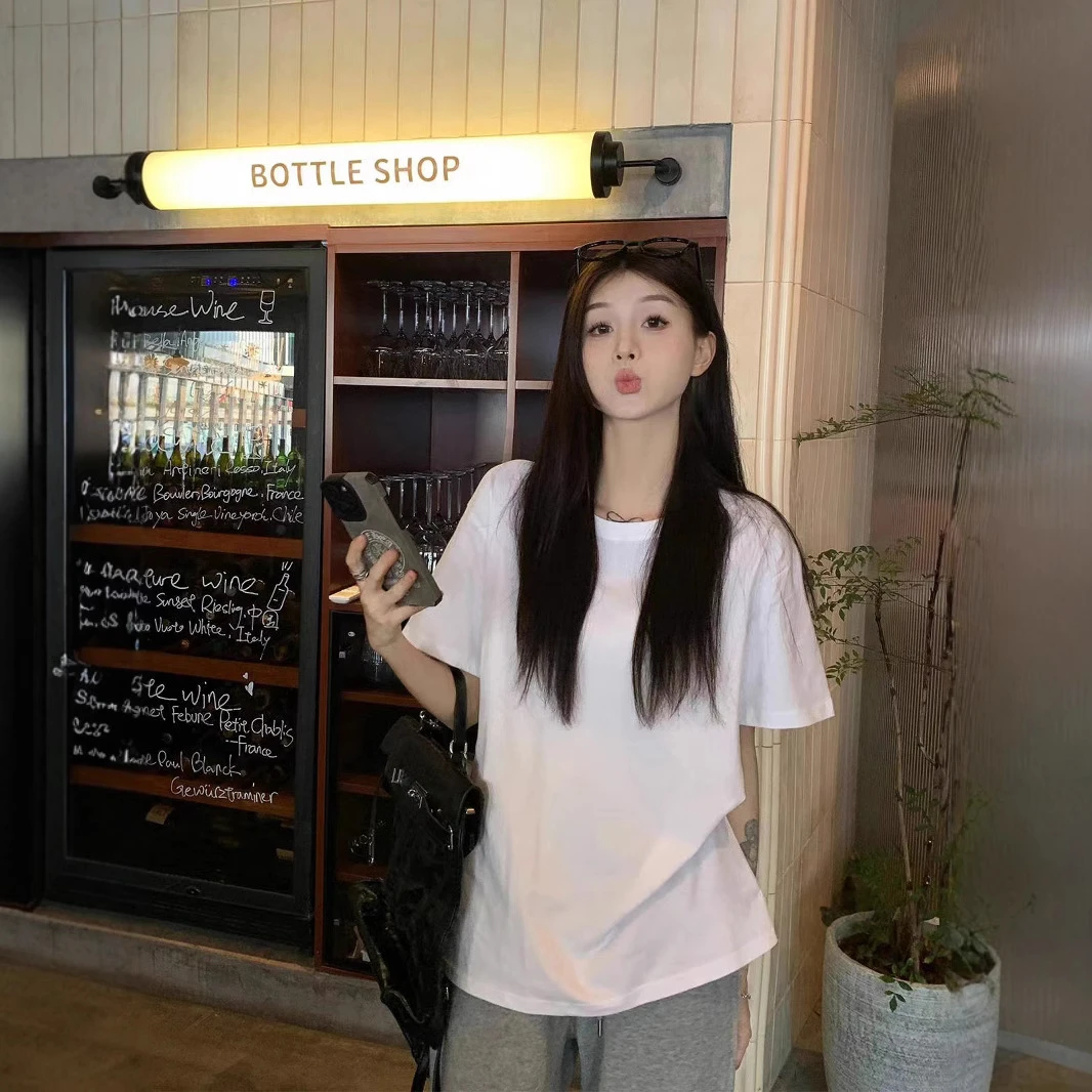 女装推荐白色全棉宽松短袖恤女夏季百搭简约基础款韩版圆领风文艺