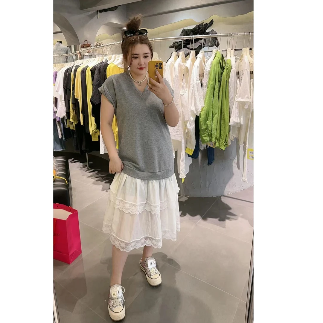 【深圳原创】V领连衣裙底摆拼接时尚潮流7656