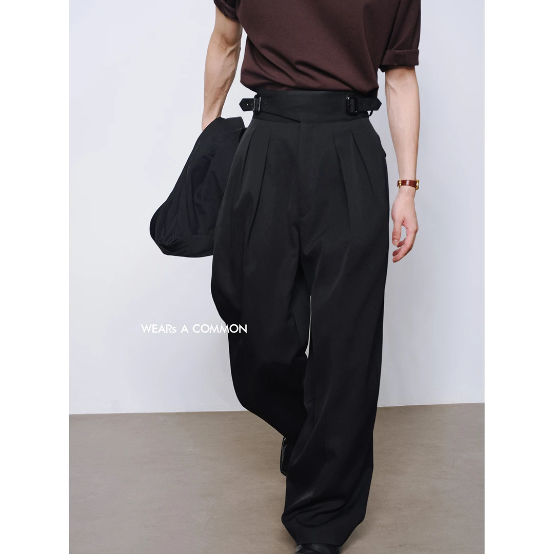 WAC 廓尔格交叉可调节腰头阔型羊毛黑色西装裤