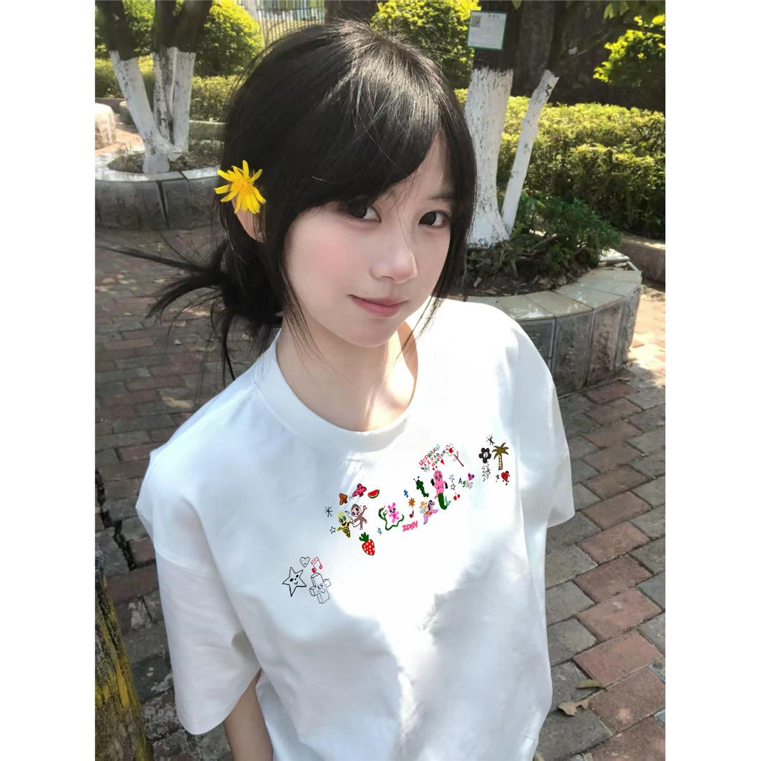夏款纯棉早春辣妹风韩版时尚女款薄款短袖宽松感T恤新款印花半袖