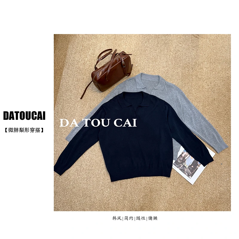 韩系简约百搭POLO翻领针织衫女早秋薄款宽松显瘦百搭打底衫上衣