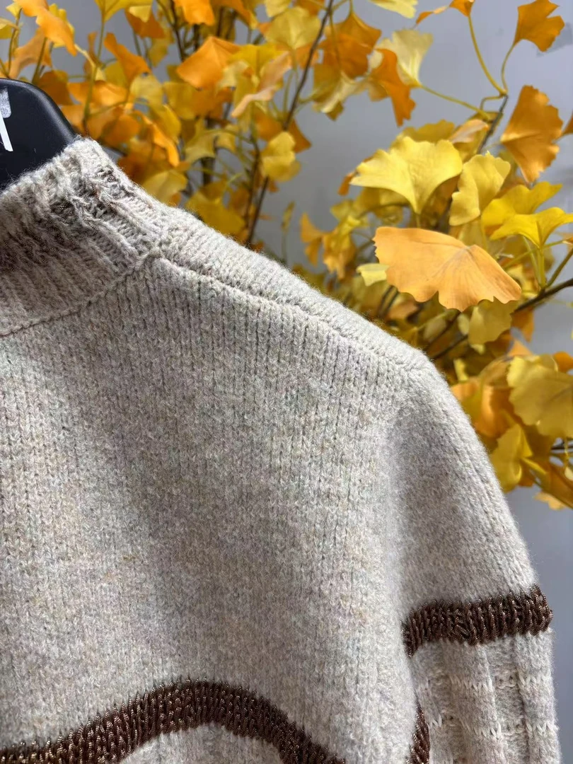 【轻奢】时尚明星女装秋冬季圆领拼色套头毛衣 ZK169