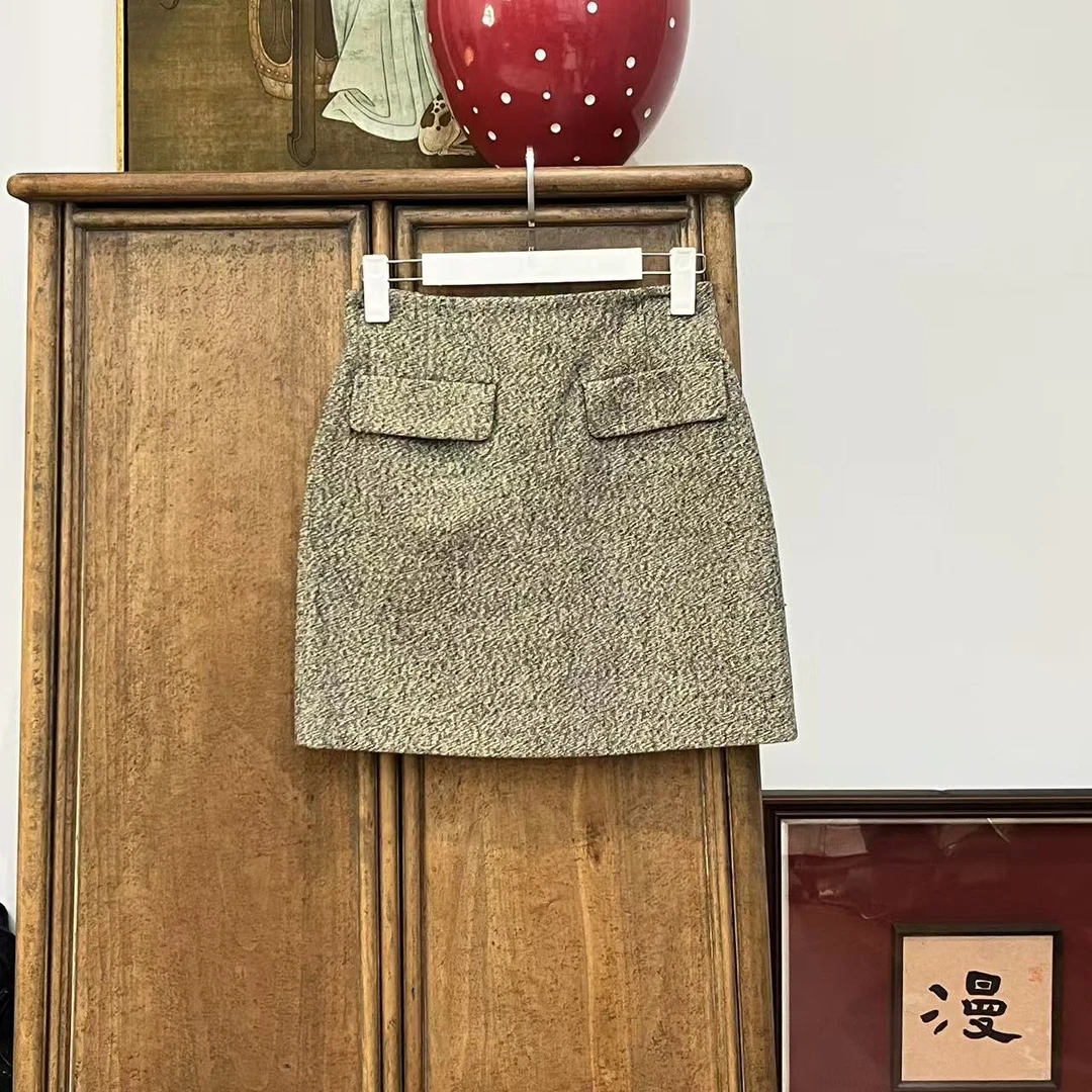 MYL2025春季新品羊毛混纺半身裙中腰时尚纯色A字百搭半裙