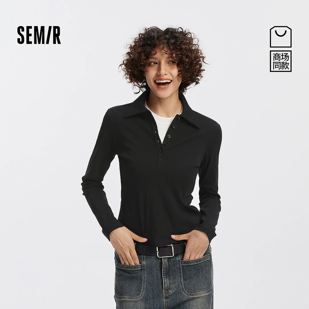 流光风【商场同款】森马POLO衫女正肩修身显瘦2025新款秋纯色上衣