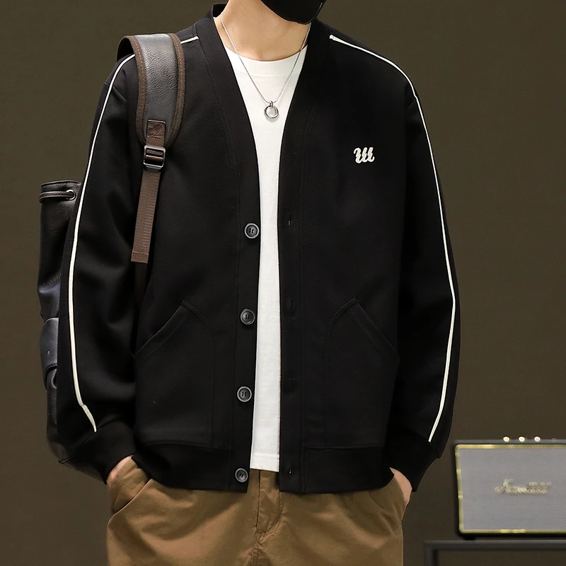 韩版开衫辑明线门襟扣春秋卫衣外套潮流百搭休闲宽松长袖上衣男士