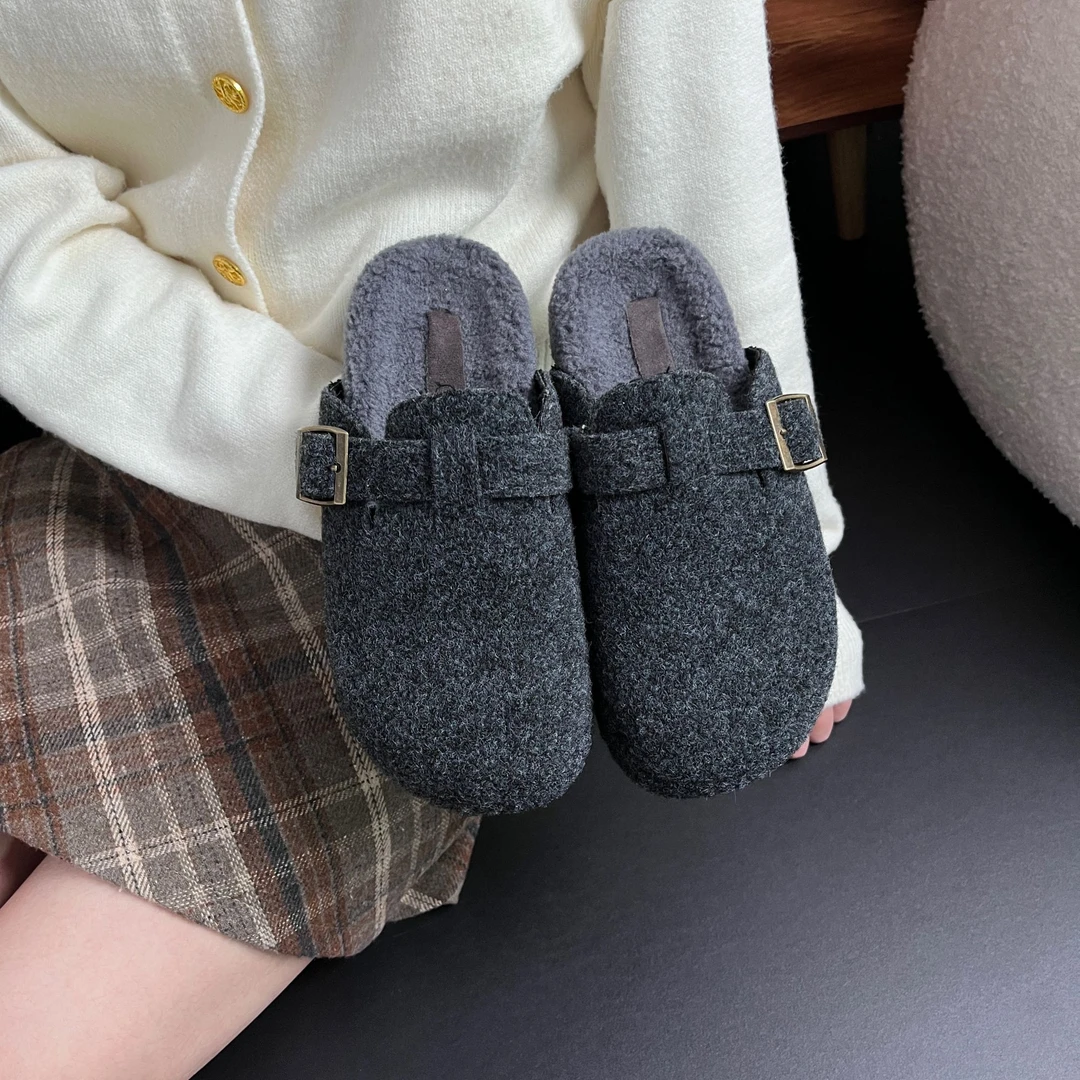 Tagabe2025秋冬简约韩版格雷系毛呢包头拖加毛保暖一脚蹬勃肯鞋